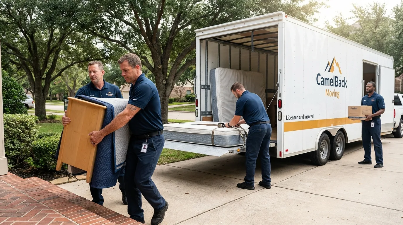 Crew loading residential truck for cross-state move from Monticello, IA