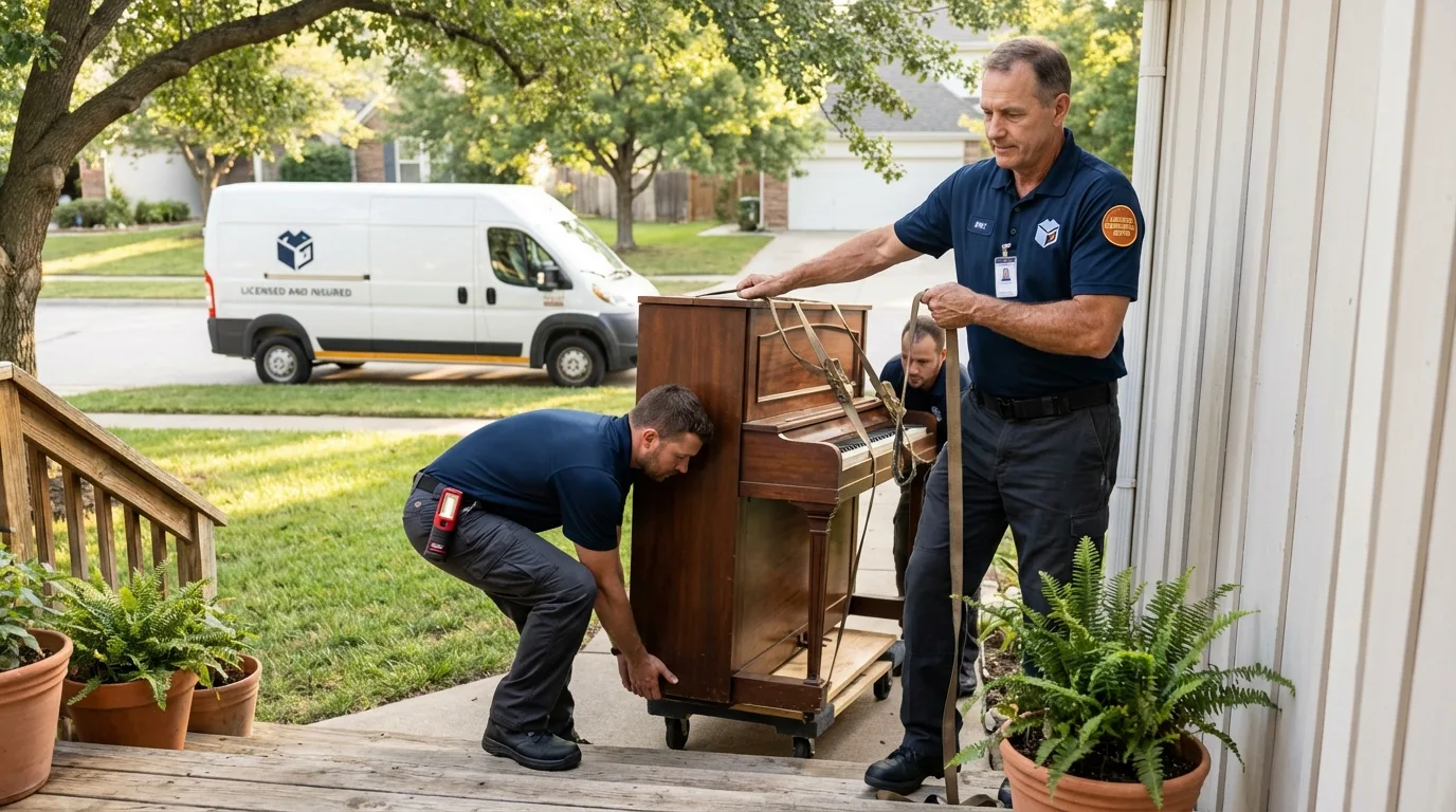 Licensed piano movers securing grand piano in Monticello, IA