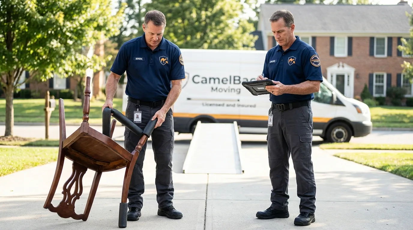 Movers inspecting furniture for damage prevention before loading in Monticello, IA
