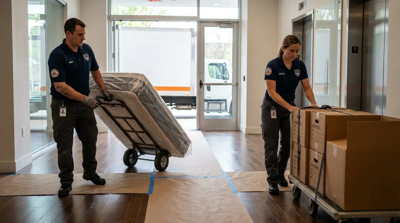 Professional apartment movers loading elevator in Monticello, IA