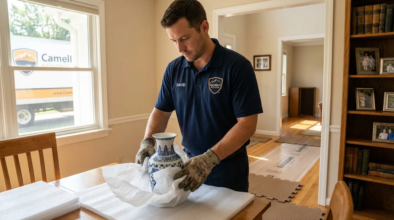 Professional crew carefully wrapping antique vase for senior downsizing move in Monticello, IA
