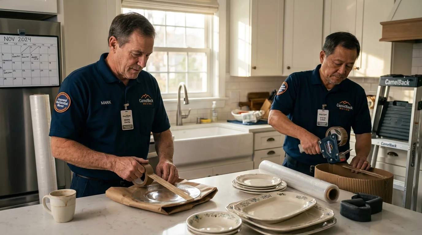 Professional crew packing kitchen dishware in Monticello, IA